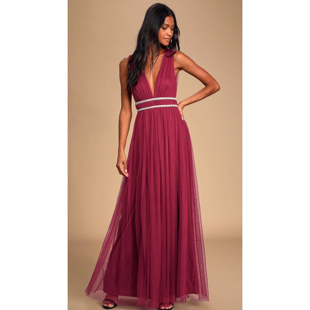 Lulus Burgundy Tulle Rhinestone Maxi Dress Size XS Formal Evening Gown
